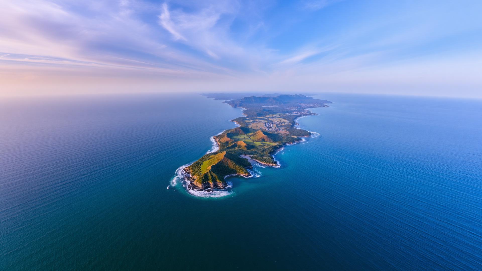 Aerial view of a green coastline meeting deep blue ocean